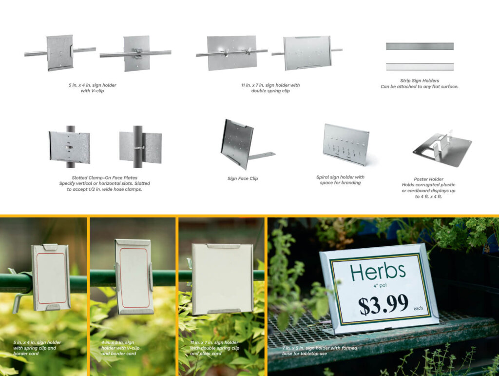 Specialty sign holders in various sizes  with options for clips and vertical or horizontal slots.